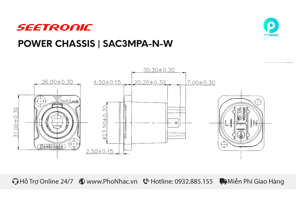 Đầu nối ổ cắm nguồn Seetronic SAC3MPA-N-W Chống nước ip65 - Ảnh 3