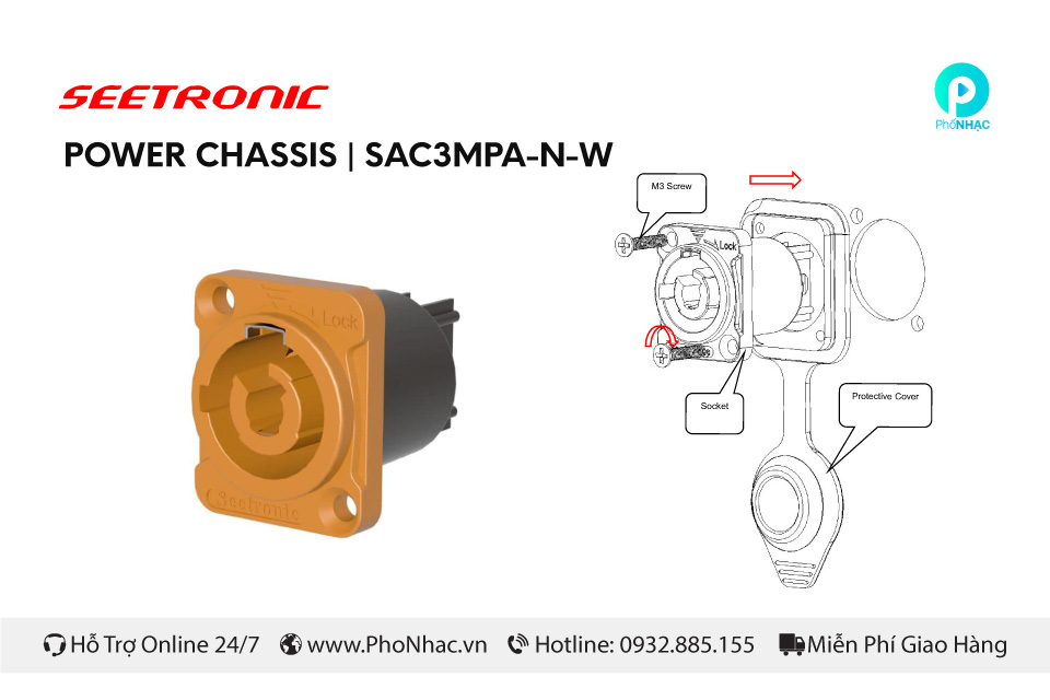 Đầu nối ổ cắm nguồn Seetronic SAC3MPA-N-W Chống nước ip65 - Ảnh 2